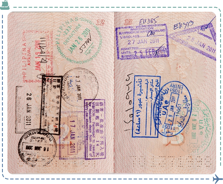 A passport with many different stamps on it.