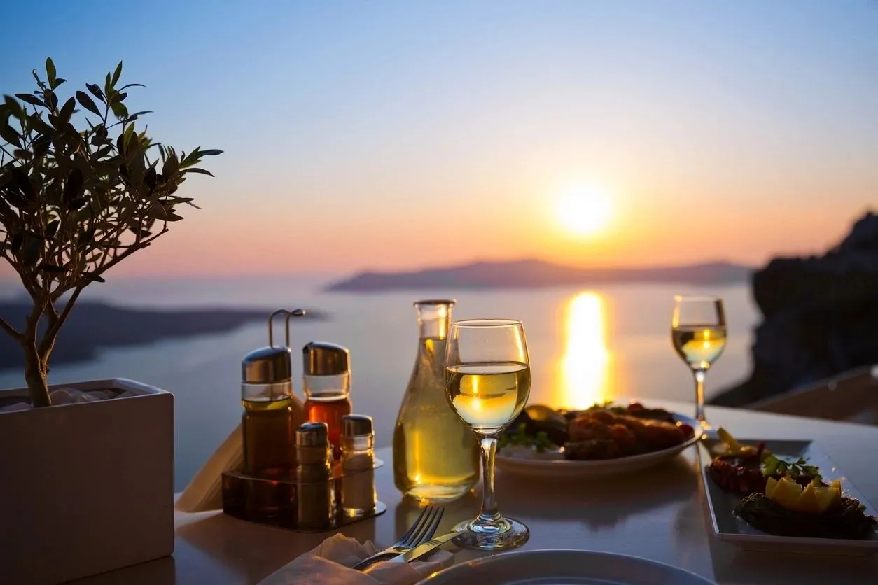 A table with wine glasses and food on it.