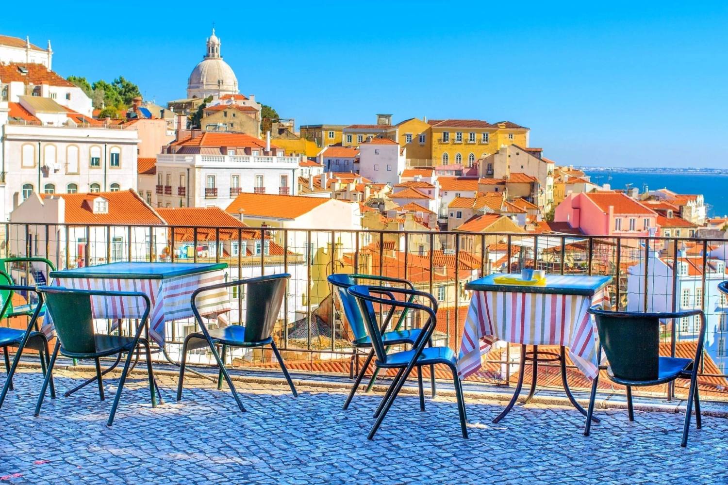 A view of the city from an outdoor cafe.